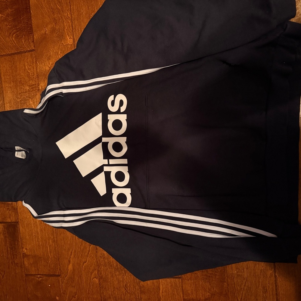 Adidas Dark Blue Hoodie with White Logo and Stripes